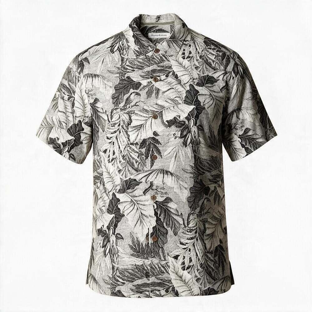 Tommy Bahama Hawaiian Shadow Toucan Camp Shirt Meteor Grey 100% Silk - Medium